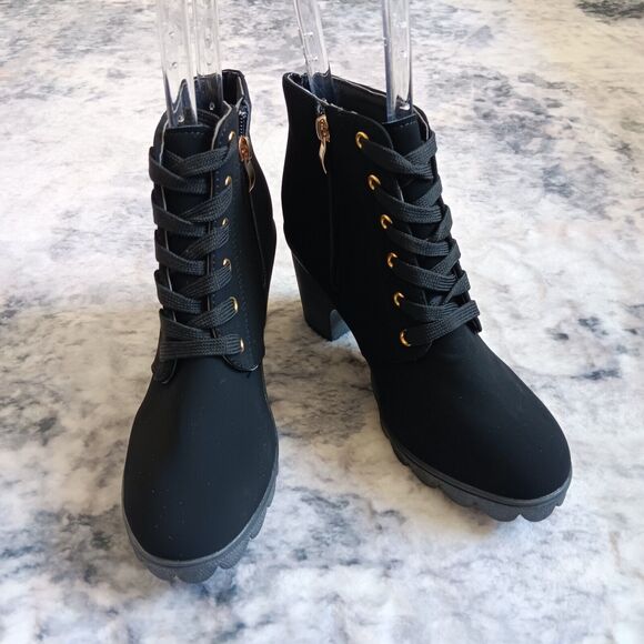 Ankle Bootie Lace-up With Buckle Side Zip Black Faux Suede Women EU 38 US 5 - Picture 1 of 9
